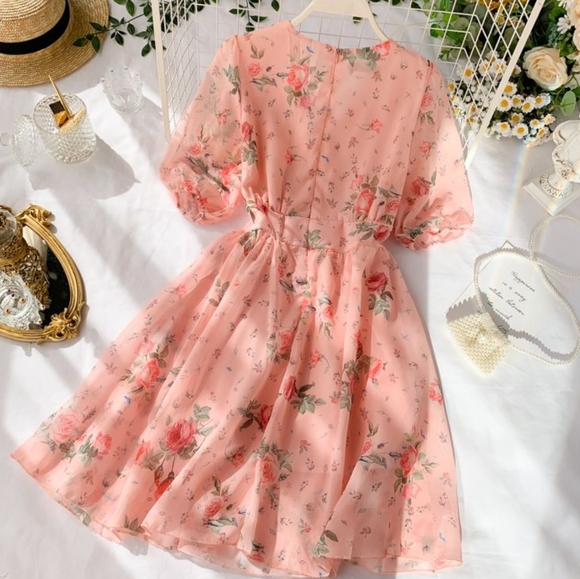 Lacuna- Balloon Sleeve Floral Print Chiffon Dress - Picture 2 of 8